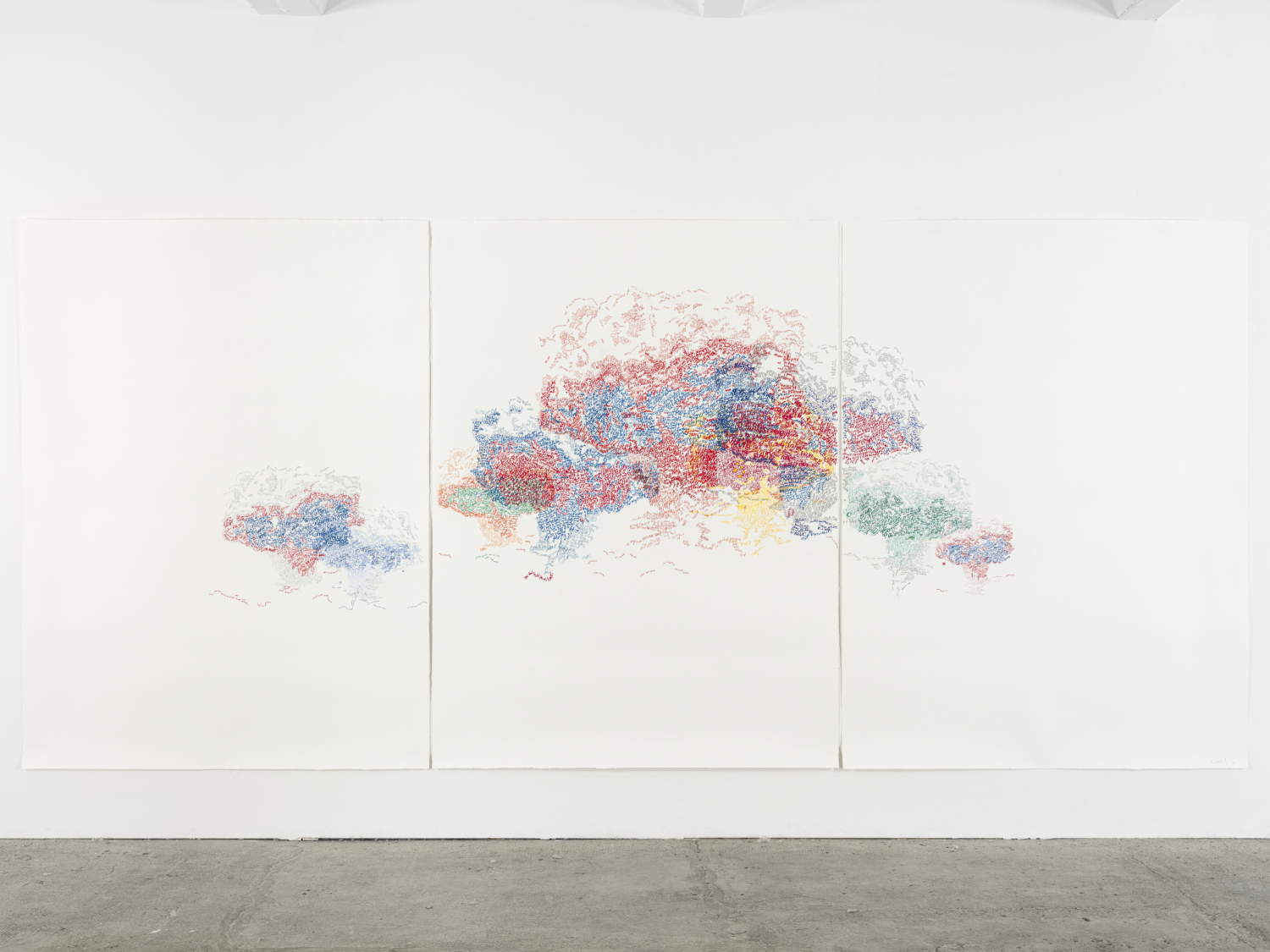 Brigitte Waldach, Conflicts, 2022, Gouache, Pigmentstift auf Bütten, Triptychon, 190 × 420 cm