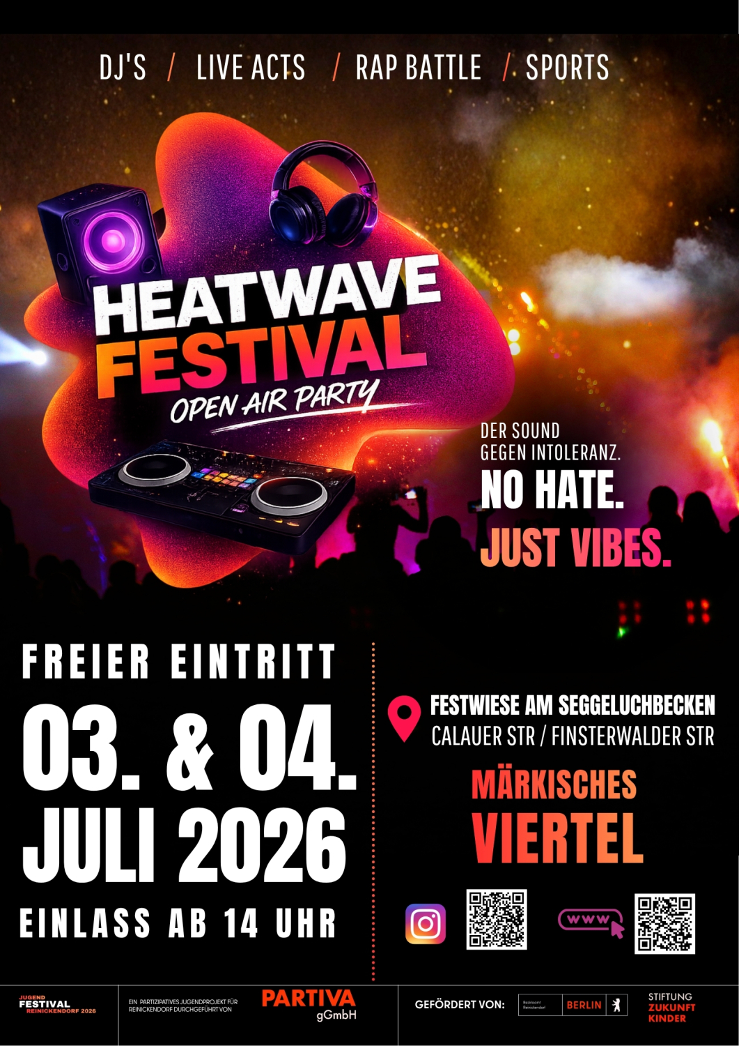 Jugendfestival "Heatwave" 3. und 4. Juli 2026 ab 14 Uhr Einlass Festwiese Seggeluchbecken Calauer Ecke Finsterwalder Straße