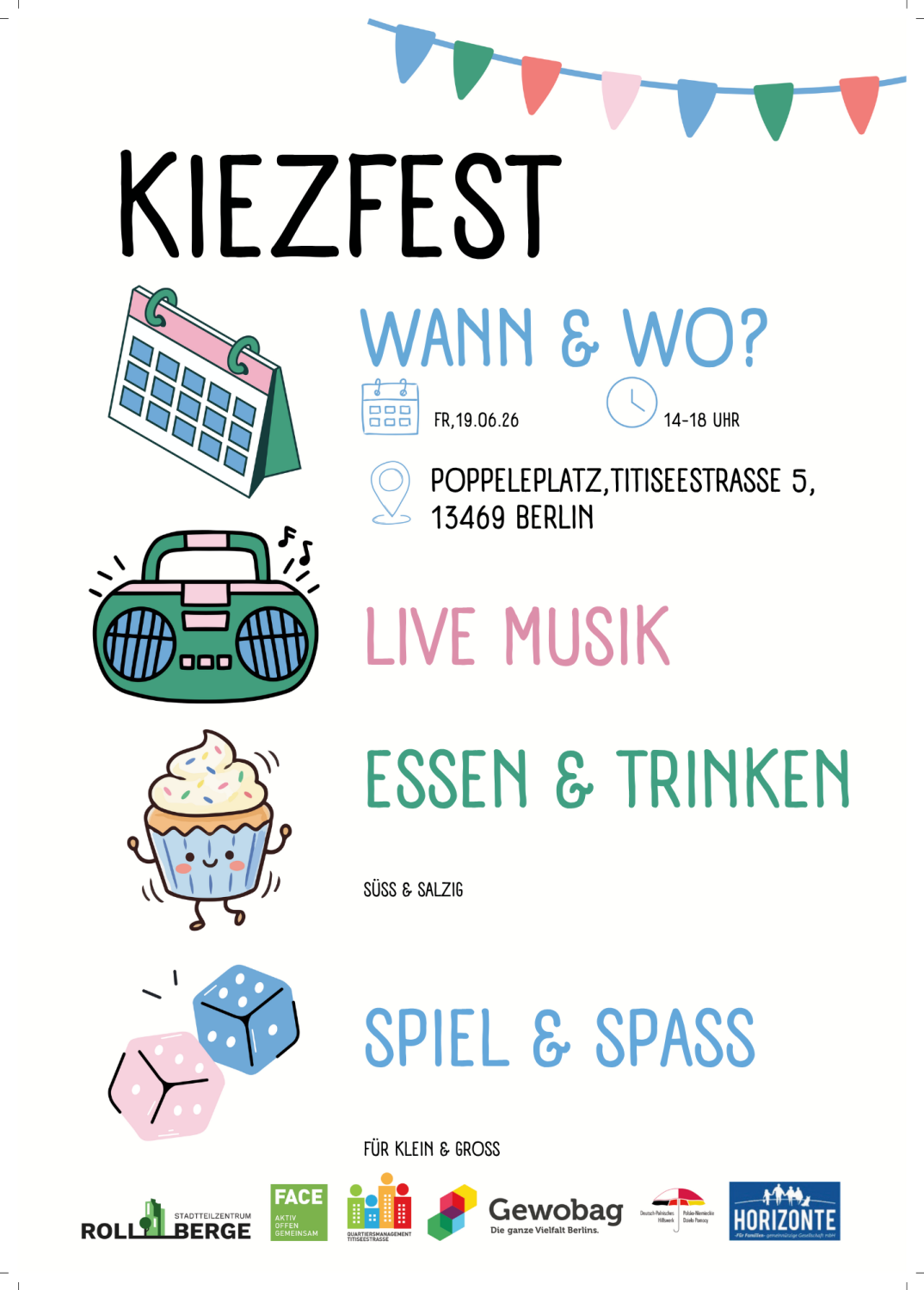 Plakat Kiezfest Rollberge Freitag 19.6.26 14 bis 18 Uhr Poppeleplatz Titiseestraße 5