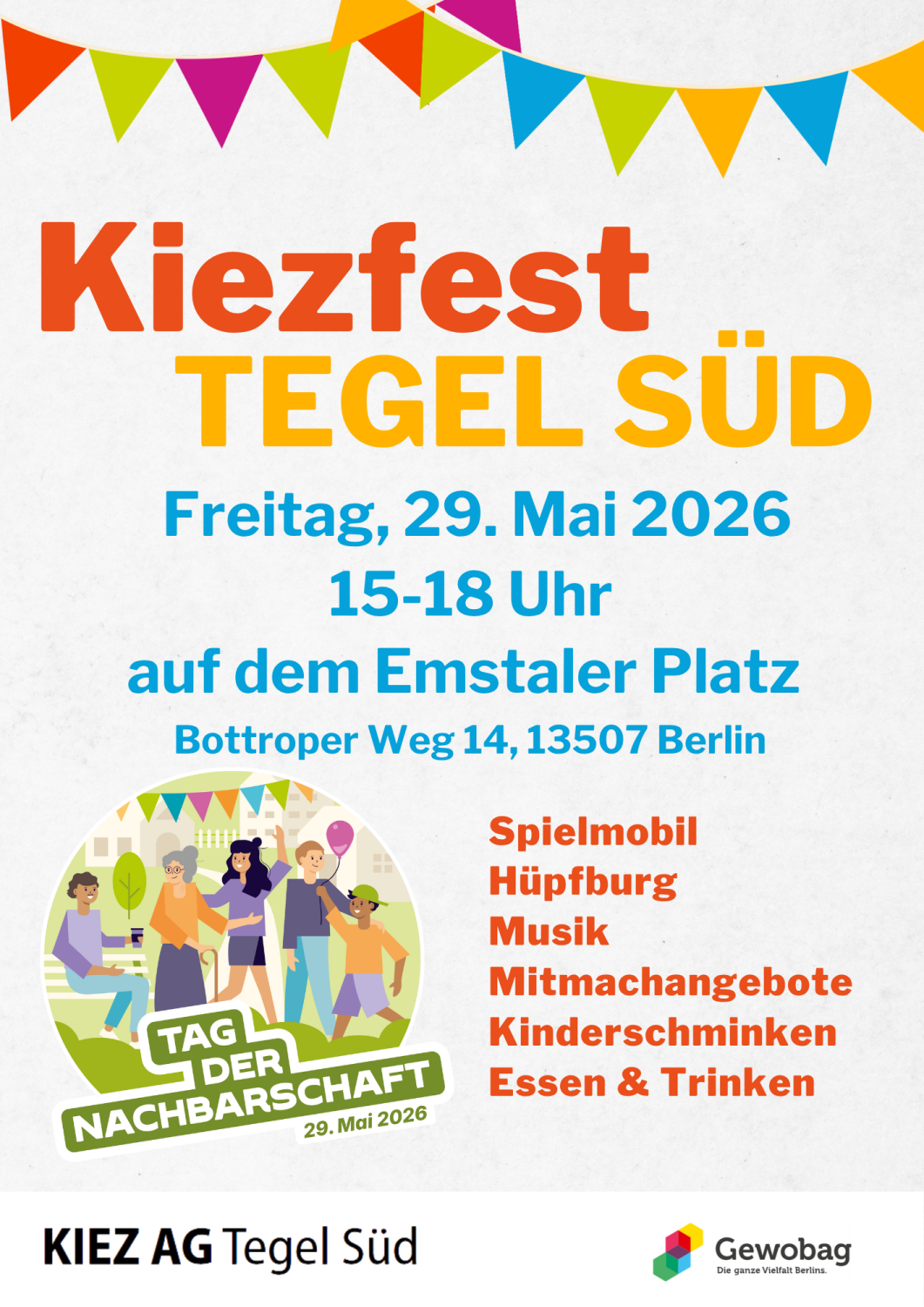 Plakat Kiezfest inTegel Süd 29.Mai 2026 15 bis 18 Uhr auf dem Emstaler Platz