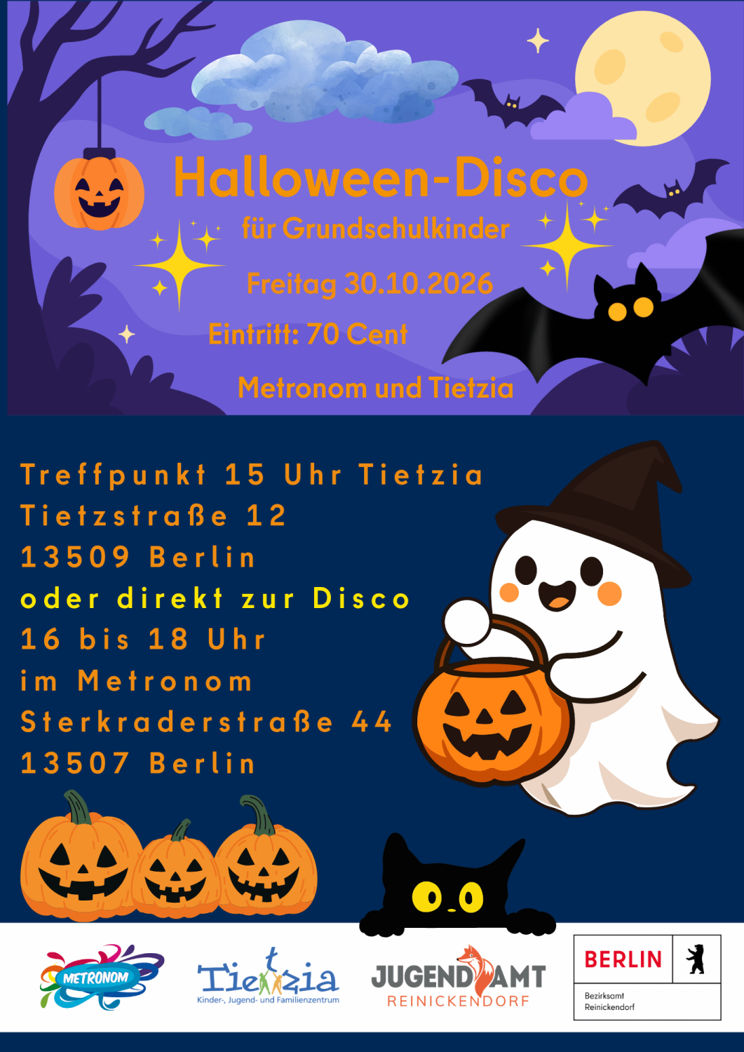 Halloween-Disco für Grundschüler im Metronom 16 bis 18 Uhr; Treffpunkt Tietzia 15 Uhr um gemeinsam hinzugegen; Eintritt 70 Cent,