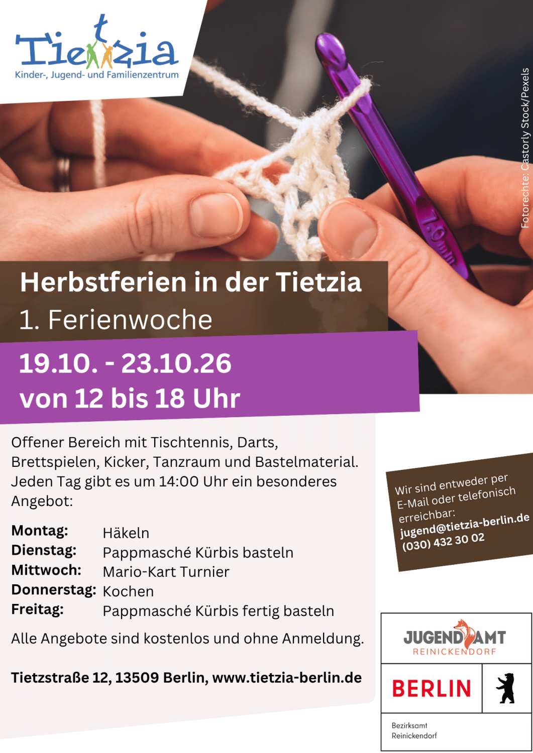 Herbstferien in der Tietzia erste Ferienwoche, 19. bis 23.10.2026 Mo. bis Fr. von 12 bis 18 Uhr, kostenlos ohne Anmeldung