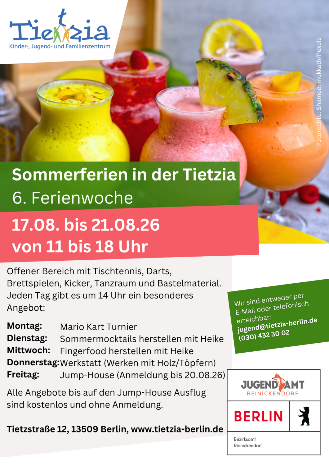 Sommerferien in der Tietzia, 6. Ferienwoche, 17. bis 21.8 2026 von 11 bis 18 Uhr, Tel: 030 432 30 02