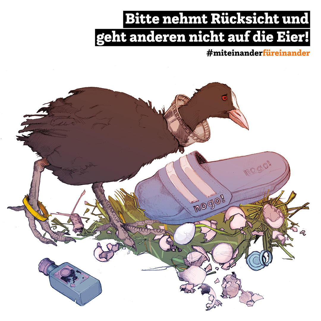 Kampagne #MiteinanderFüreinander, Illustration 2Bitte nehmt Rücksicht und geht anderen nicht auf die Eier!"