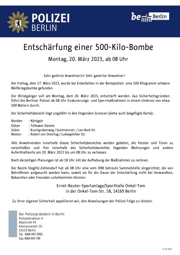 Mitteilung der Polizei Berlin zur Bombenentschärfung am 20.03.2023