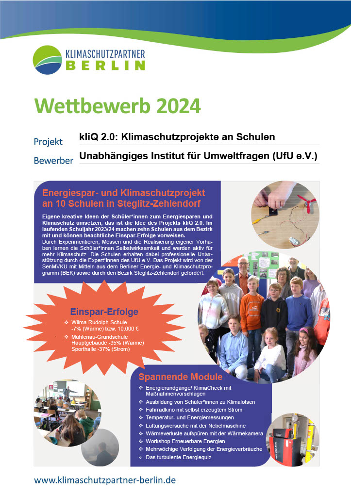 Plakat zur Bewerbung des Projekts „kliQ 2.0: Klimaschutzprojekte an Schulen“ für den Wettbewerb KlimaSchutzPartner Berlin 2024.