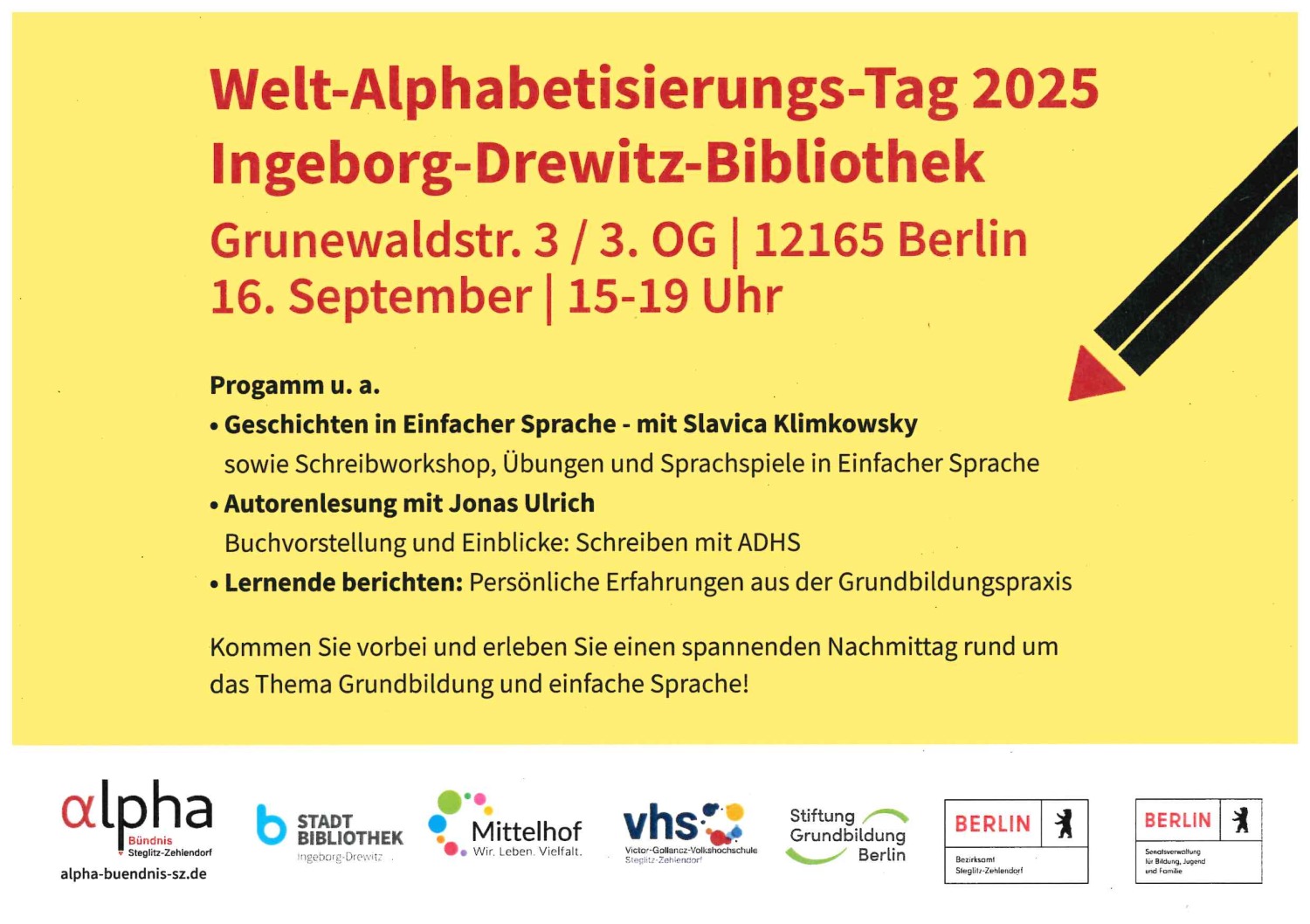 Rückseite Flyer Welt-Alphabetisierungstag in der Ingeborg-Drewitz-Bibliothek