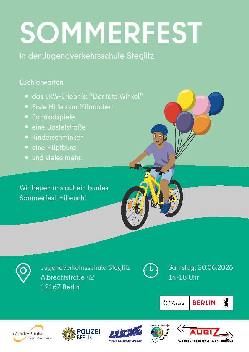 Einladung zum Sommerfest in der Jugendverkehrsschule Steglitz (Albrechtstraße 42, 12167 Berlin) am 20.06.2026 von 14 bis 18 Uhr