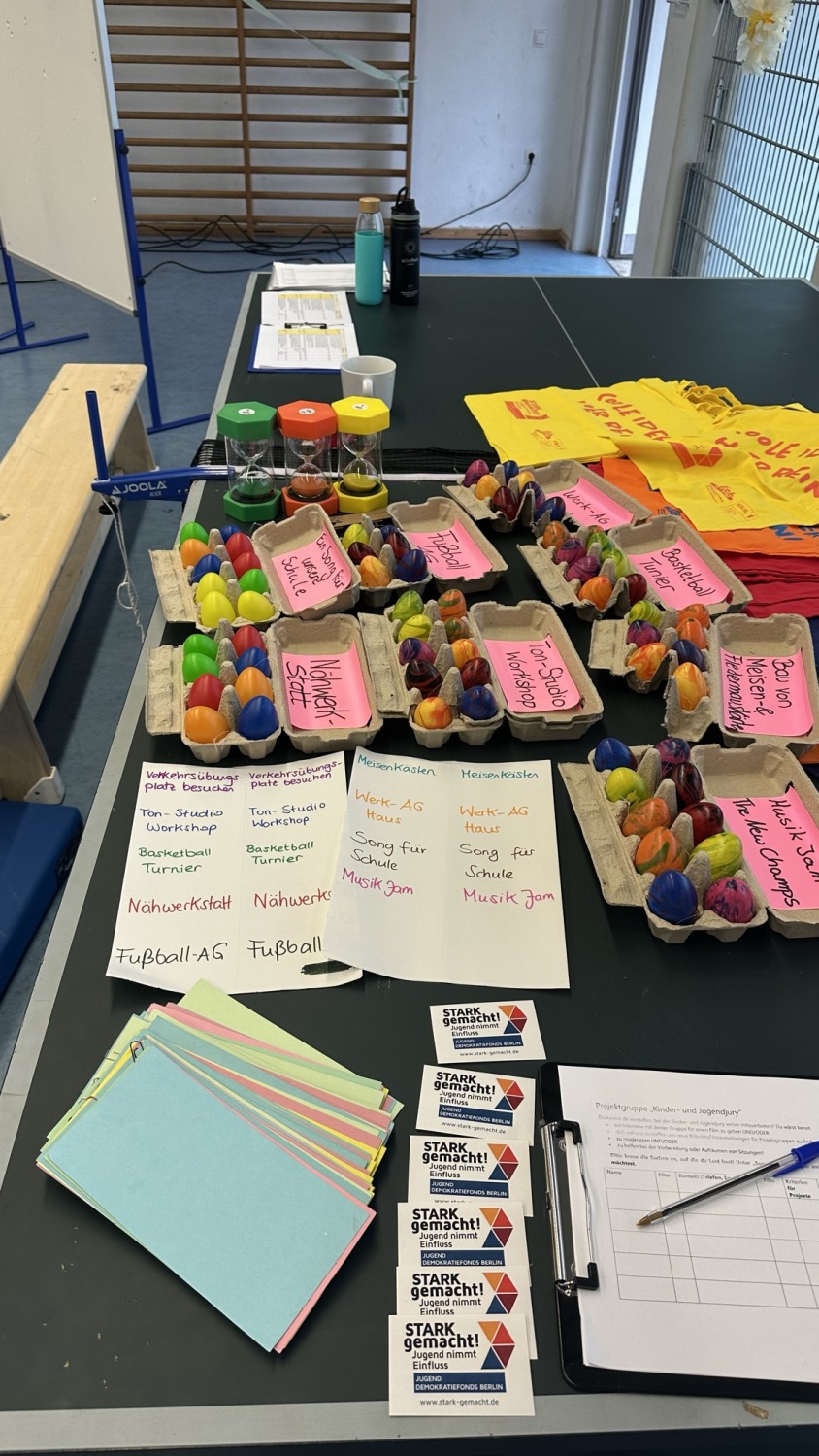 Materialien der Kinderjury – von Karten zur Ampelabstimmung bis hin zu Eierkartons als Symbole für Projektgelder