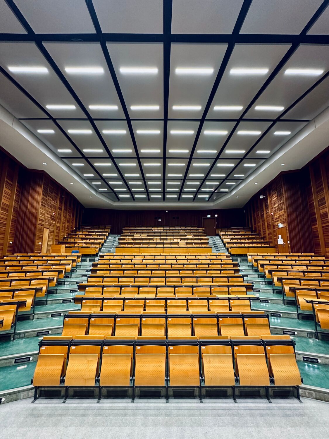 Zentraler Blick aus Richtung der Tafel zu den Sitzbänken des Audimax