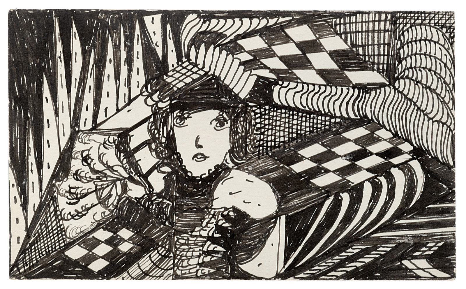 Madge Gill: o. T., o. J., Tusche/Karton, 8,5 x 14 cm