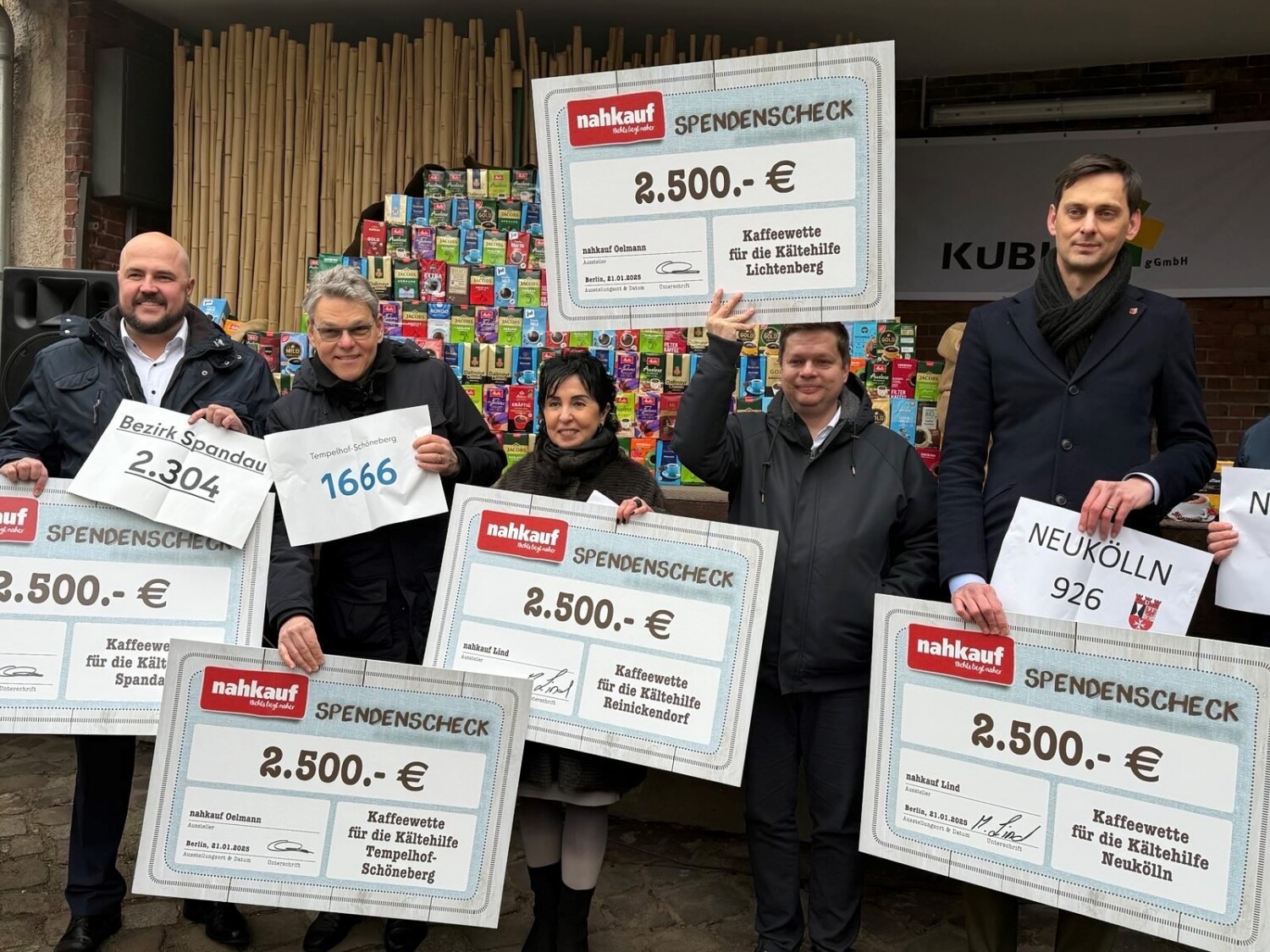 Bezirksbürgermeister_innen mit den Endergebnissen bei der Kaffeewette 2025