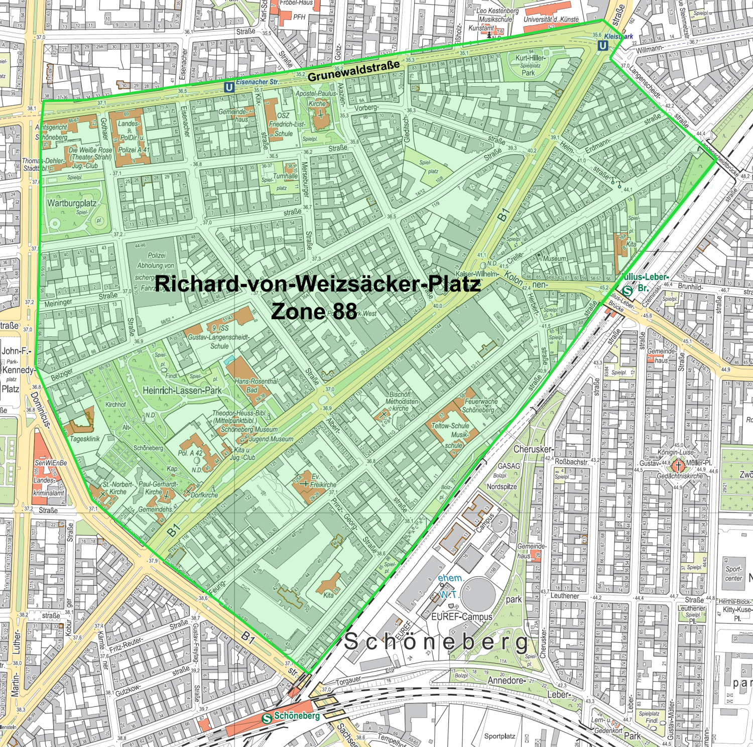 Eine Karte mit einem markierten Bereich. Der Bereich ist gekennzeichnet als Richard-von-Weizsäcker-Platz Zone 88