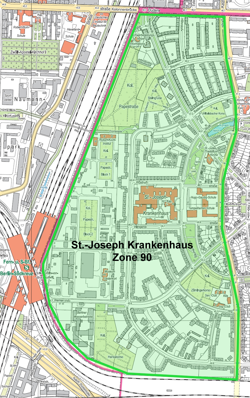 Eine Karte mit einem markierten Bereich. Der Bereich ist gekennzeichnet als St.-Joseph Krankenhaus Zone 90