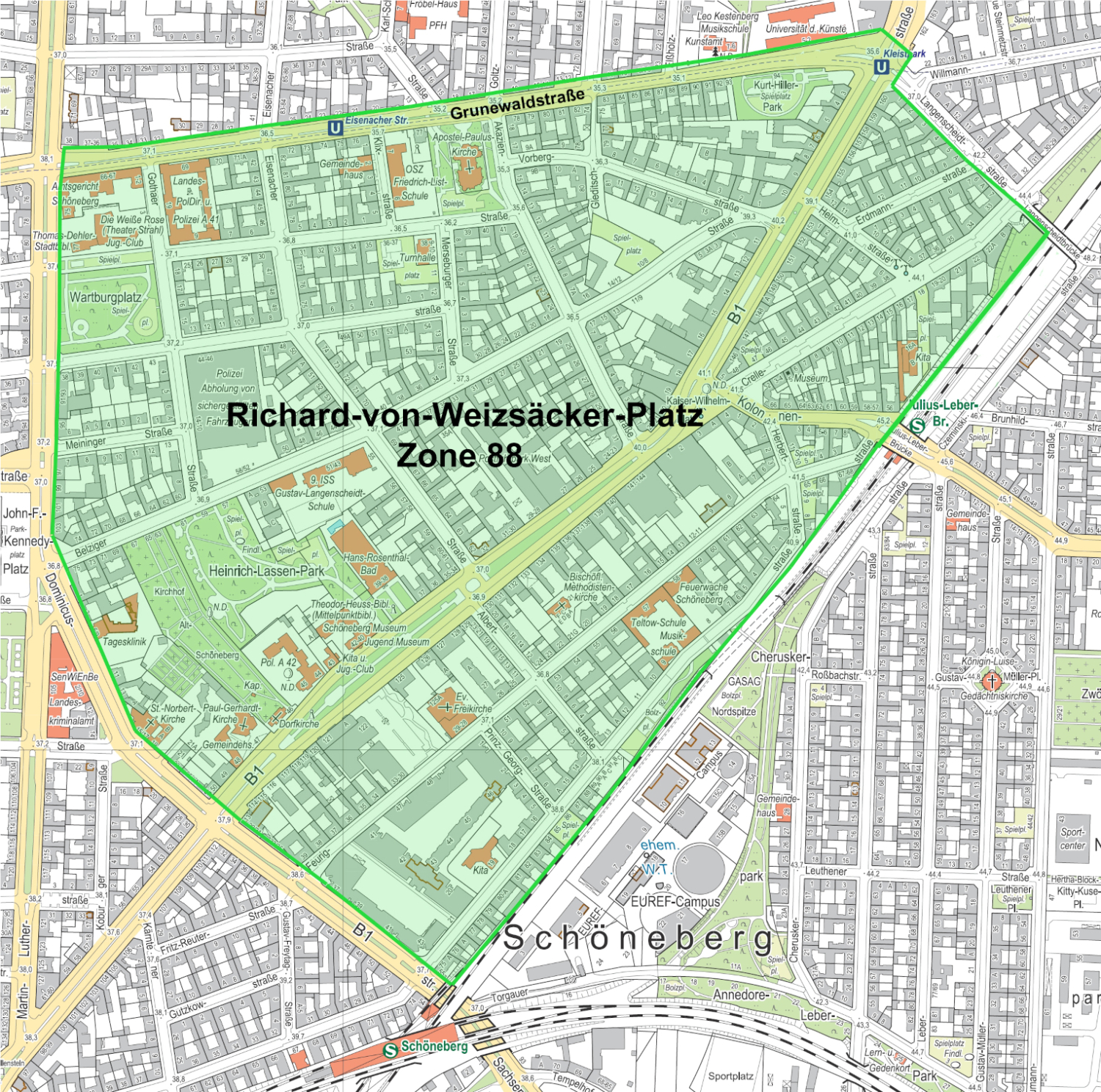 Eine Karte mit einem gekennzeichneten Bereich, in dem Richard-von-Weizsäcker-Platz Zone 88 steht.