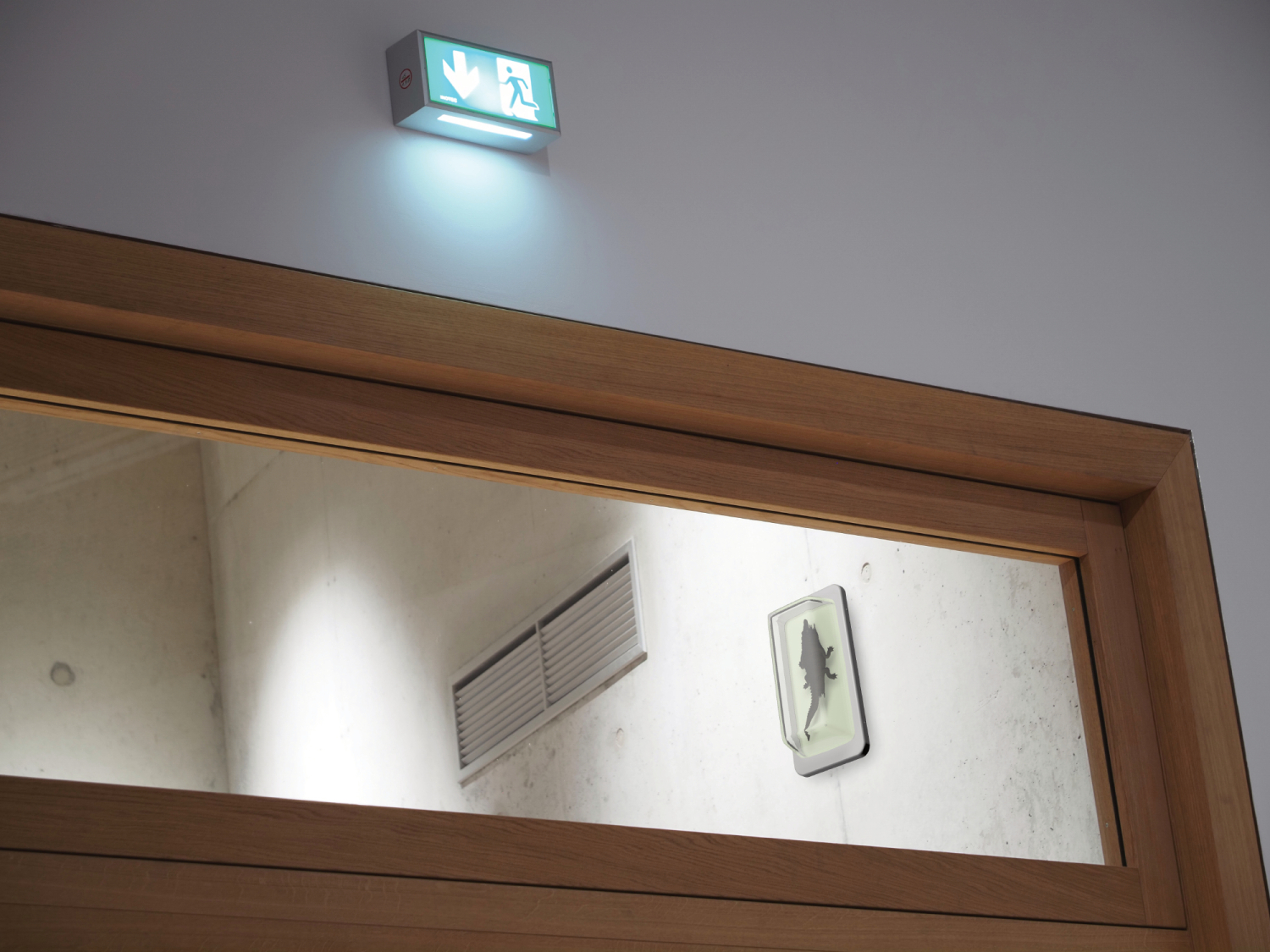 Durch eine Gleisscheibe unter einem Notausgangsschild blickt man in einen Gang oder Treppenhaus. Dort ist neben einem Lüftungsschacht hinter einer kleinen Glasabdeckung der Umriss eines Tieres zu erkennen.