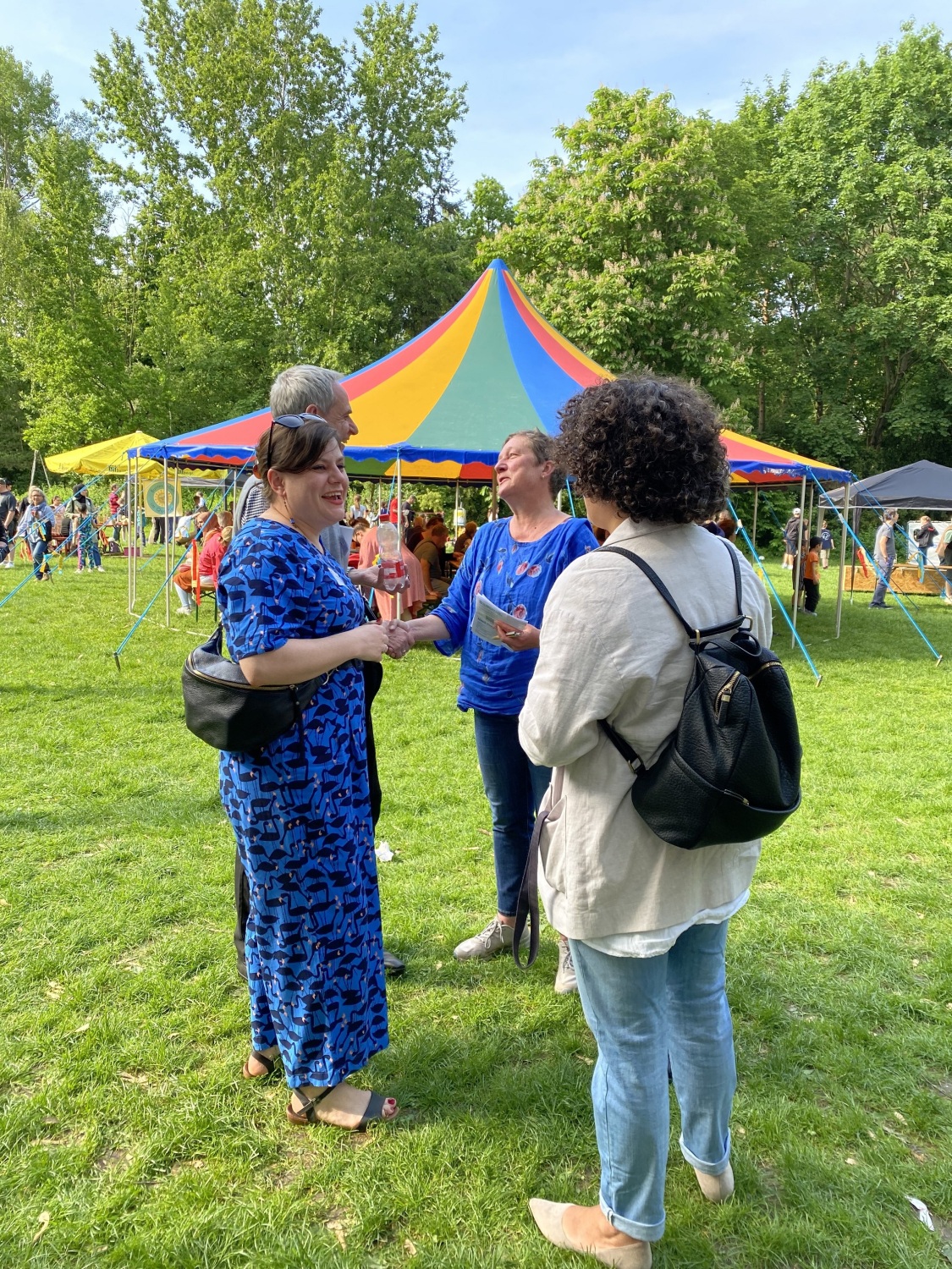 Personen unterhalten sich auf einem fest auf einer Grünfläche.