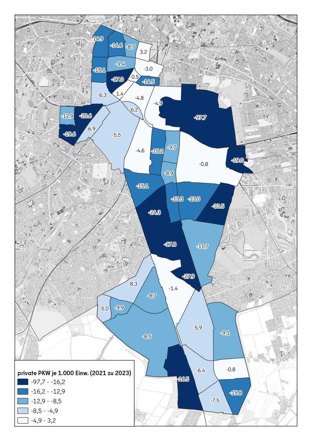 Auf einer Karte sind Bereiche nach der Entwicklung ihres Motorisierungsgrades von 2021 zu 2023 farblich gekennzeichnet.