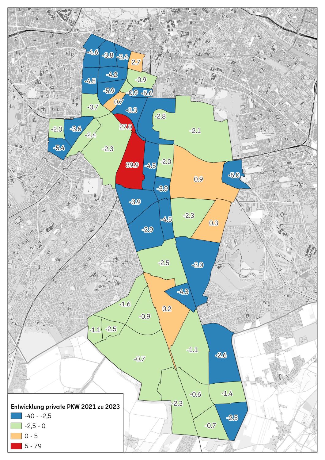 Auf einer Karte sind Bereiche nach der Entwicklung der Anzahl privater PKW von 2021 zu 2023 farblich gekennzeichnet.