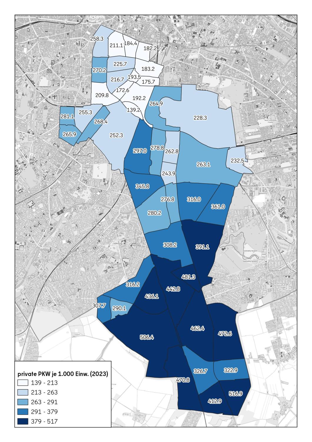 Auf einer Karte sind Bereiche nach ihrem Motorisierungsgrad aus 2023 farblich gekennzeichnet. Der Motorisierungsgrad ist in den südlicheren Gebieten höher.
