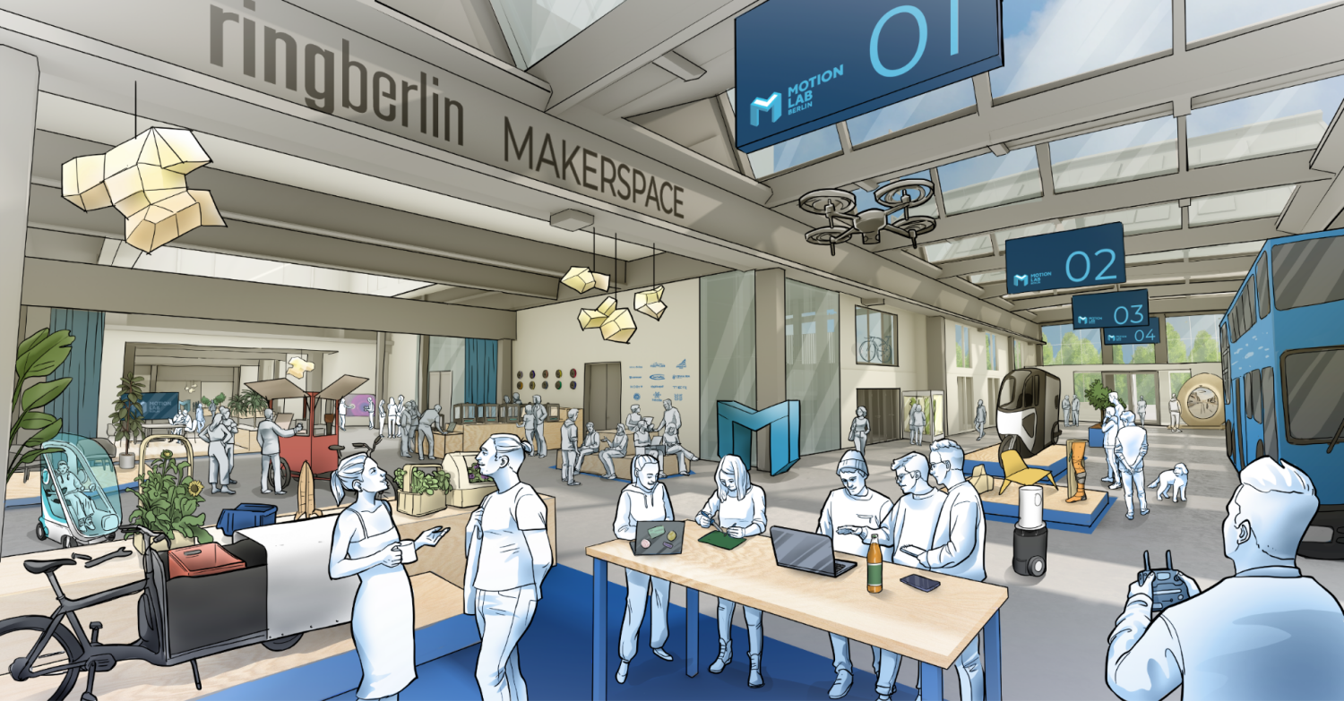 Grafik mit Menschen in einer Halle. Es wird geredet, an Rechnern gearbeitet, eine Drone geflogen und mehr.