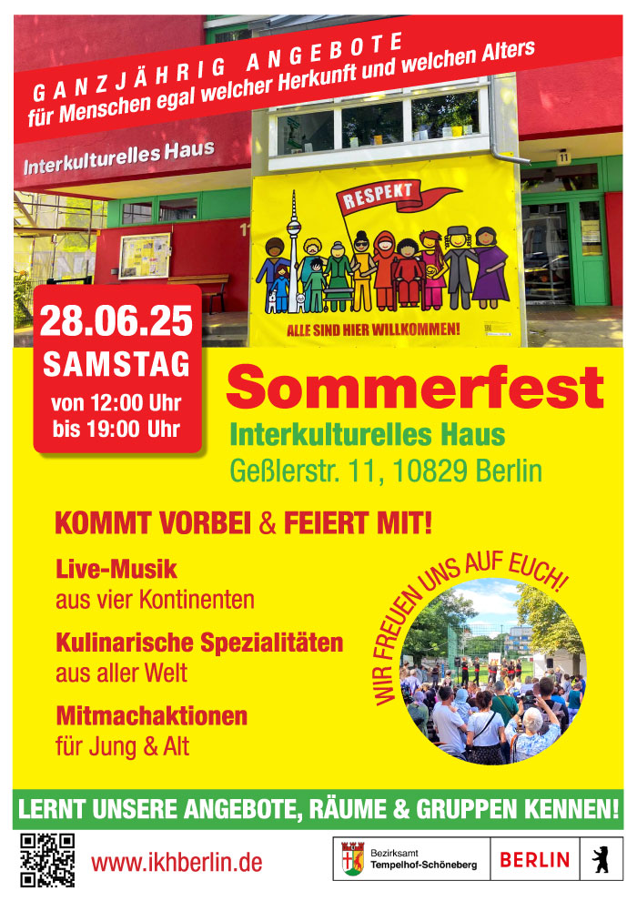 Plakat zum Sommerfest des Interkulturellen Hauses am 28.06.2025 von 12 bis 19 Uhr.