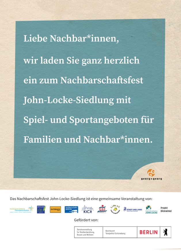 Rückseite eines Flyer zum Nachbarschaftsfest in der John-Locke-Siedlung.