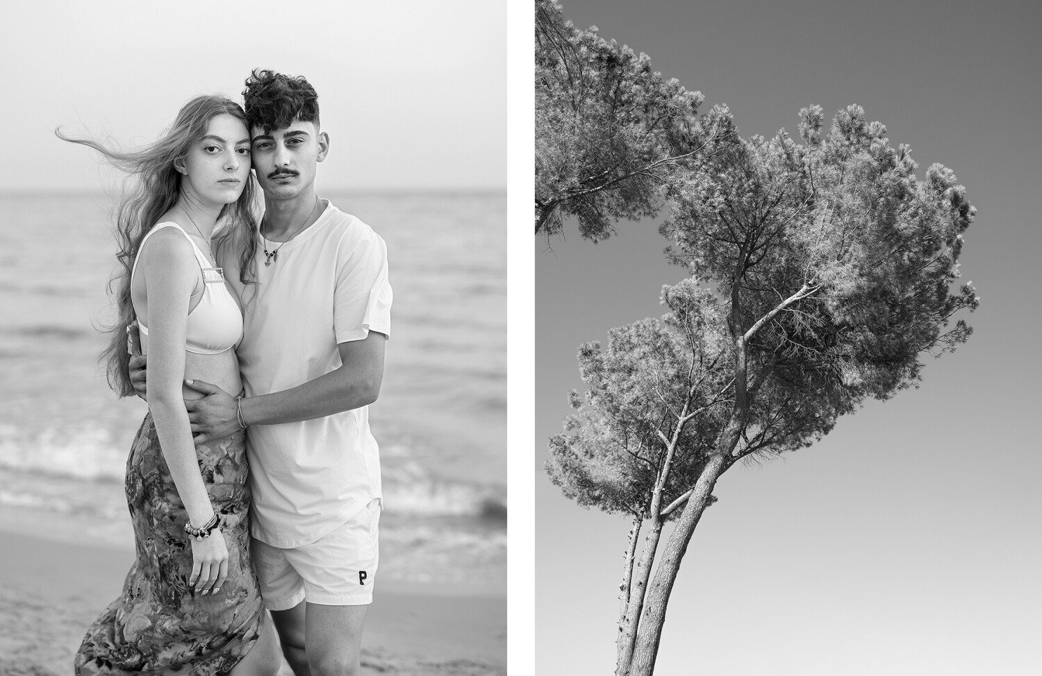 Zwei Fotografien in schwarz-weiß; links sind eine Frau und ein Mann, die sich umarmen; rechts sind zwei Bäume, dessen Kronen ineinander ragen.