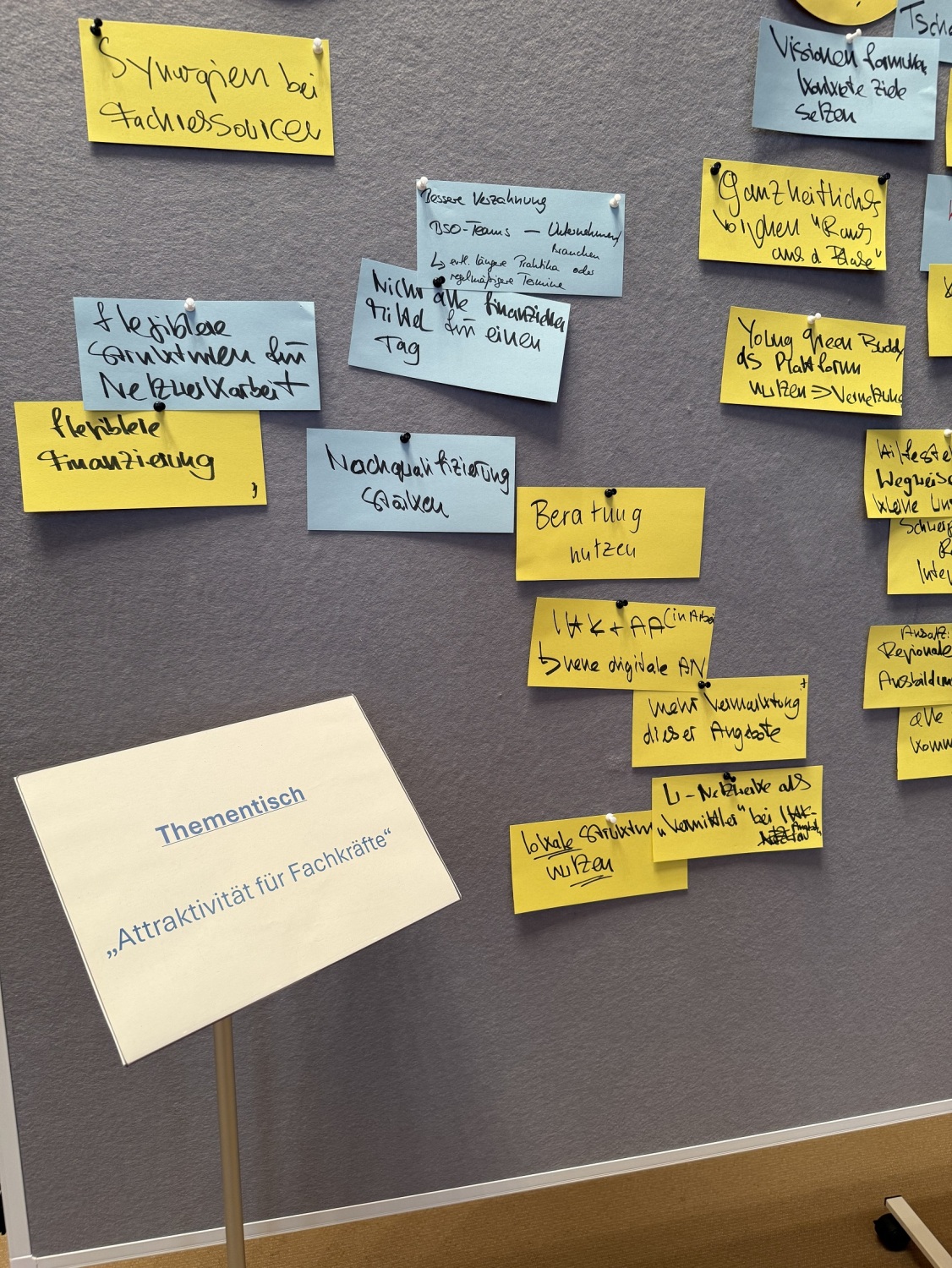 An einer Tafel mit vielen handgeschriebenen Zetteln steht ein Schild auf dem "Thementisch Attraktivität für Fachkräfte" steht.