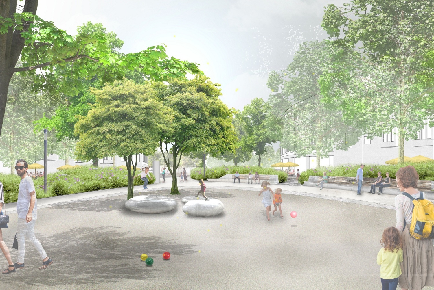 Auf einem Platz sind spielende Kinder.