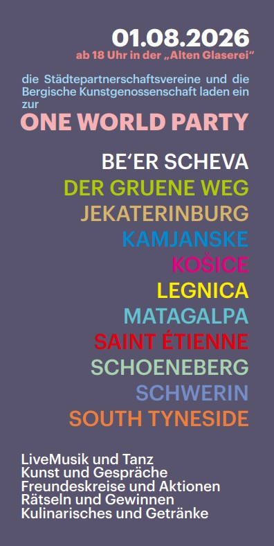 Flyer für die ONE WORLD Party am 1. August 2026; gelistet sind die beteiligten Partnerstädte und das Programm