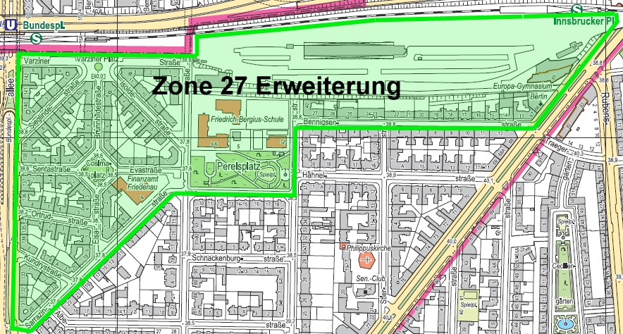 ein markierter Bereich auf einer Karte mit der Beschriftung "Zone 27 Erweiterung"