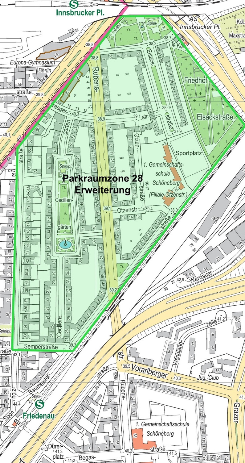 ein markierter Bereich auf einer Karte mit der Beschriftung "Parkraumzone 28 Erweiterung"