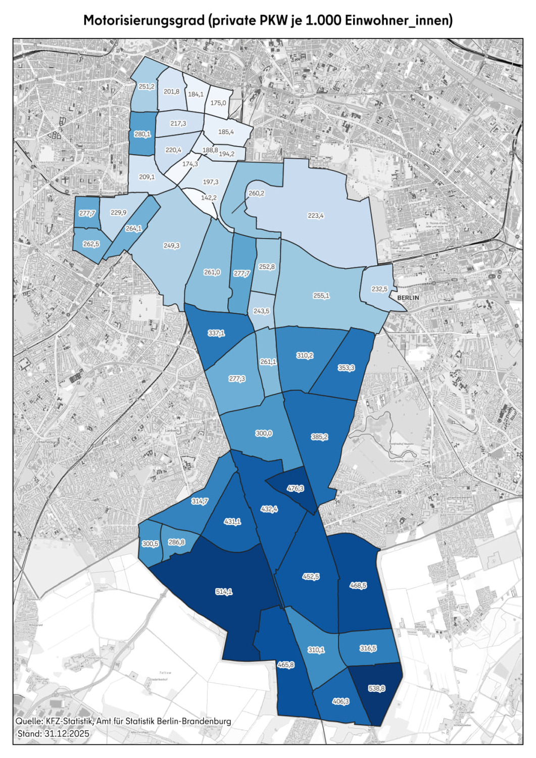 Grafik von Tempelhof-Schöneberg zum Motorisierungsgrad (private PKW je 1.000 Einwohner_innen)