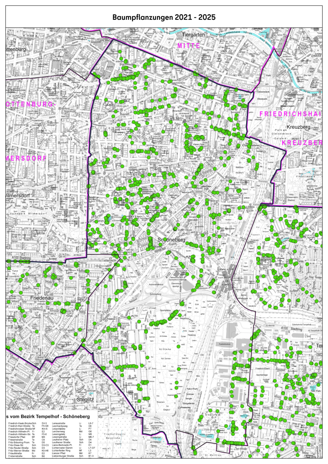 Karte vom Ortsteil Schöneberg mit den Baumpflanzungen 2021 bis 2025