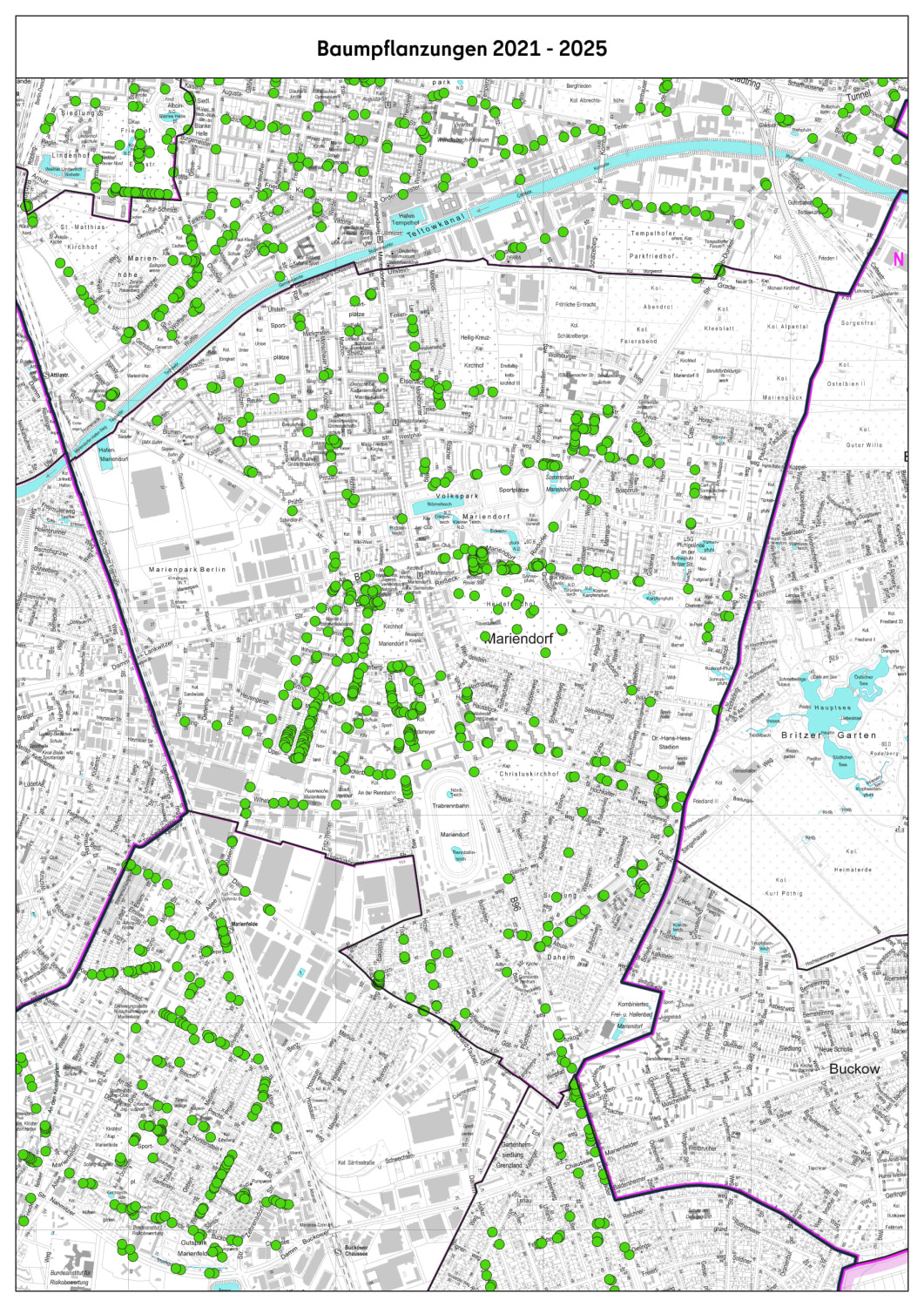 Karte vom Ortsteil Mariendorf mit den Baumpflanzungen 2021 bis 2025