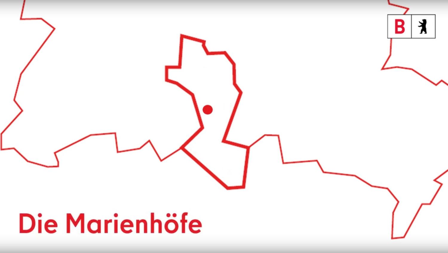 Umriss der Stadt Berlin mit einer Markierung und dem Text "Die Marienhöfe"