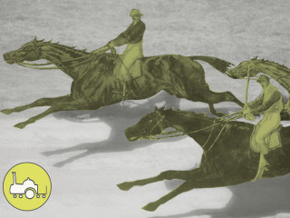 Zwei gemalte Pferde mit Reiter galoppieren