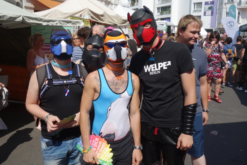 Drei Besucher_innen des Lesbisch-schwulen Stadtfestes mit Hunde-Masken