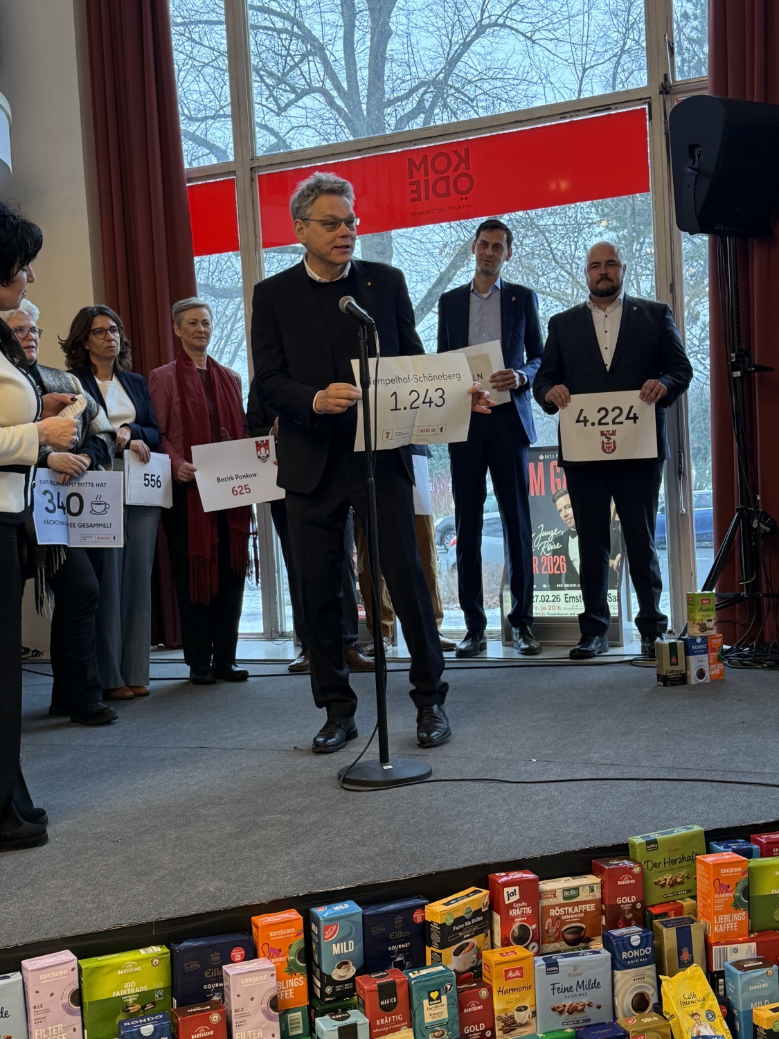 Bezirksbürgermeister Jörn Oltmann hält ein Schild in der Hand, auf der die Zahl 1.243 steht.
