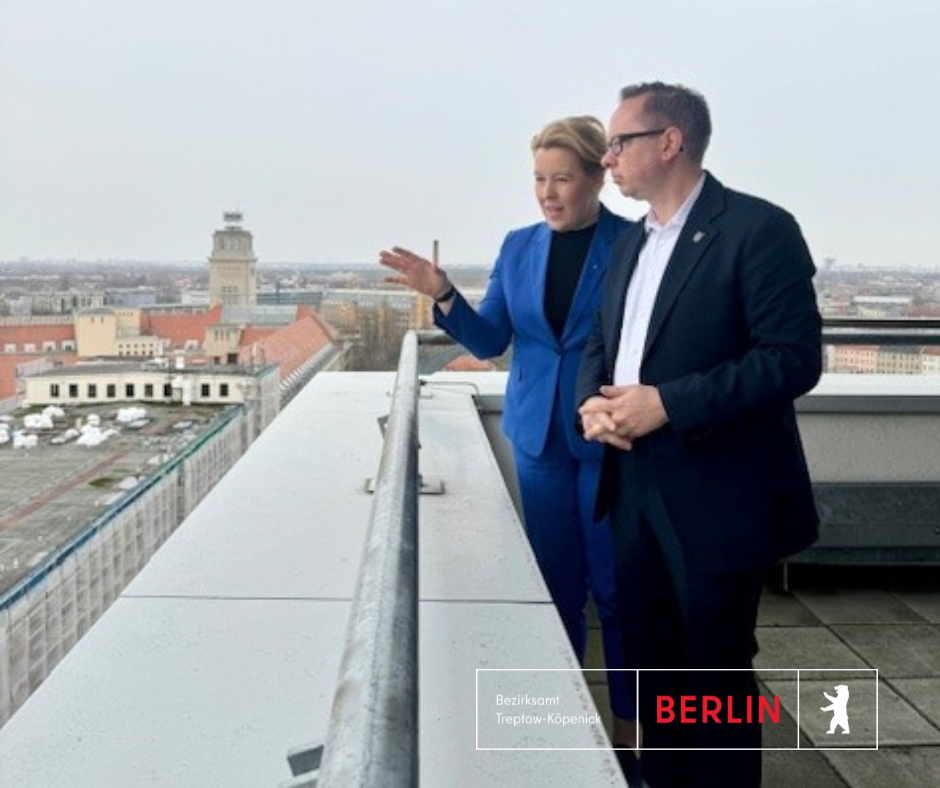 Bezirkstour Giffey - Frau Giffey und Herr Igel über den Dächern Schöneweides