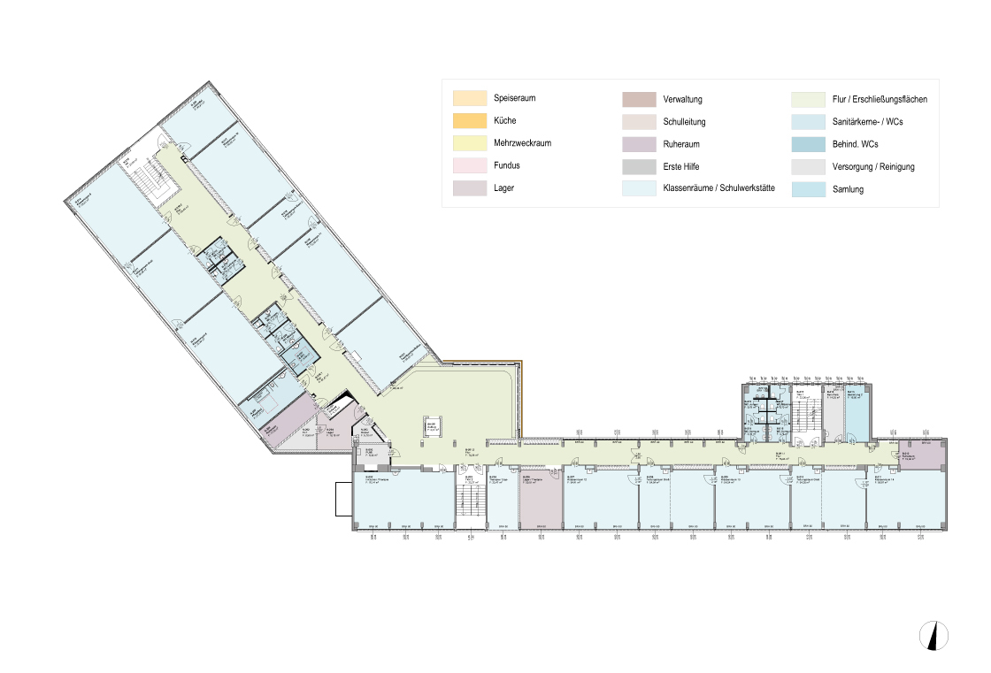 Darstellung: 2. und 3. Obergeschoss mit Klassenräumen in BT 2 - Ergänzungsbau und Klassenräumen im BT 3 – Bestandsgebäude