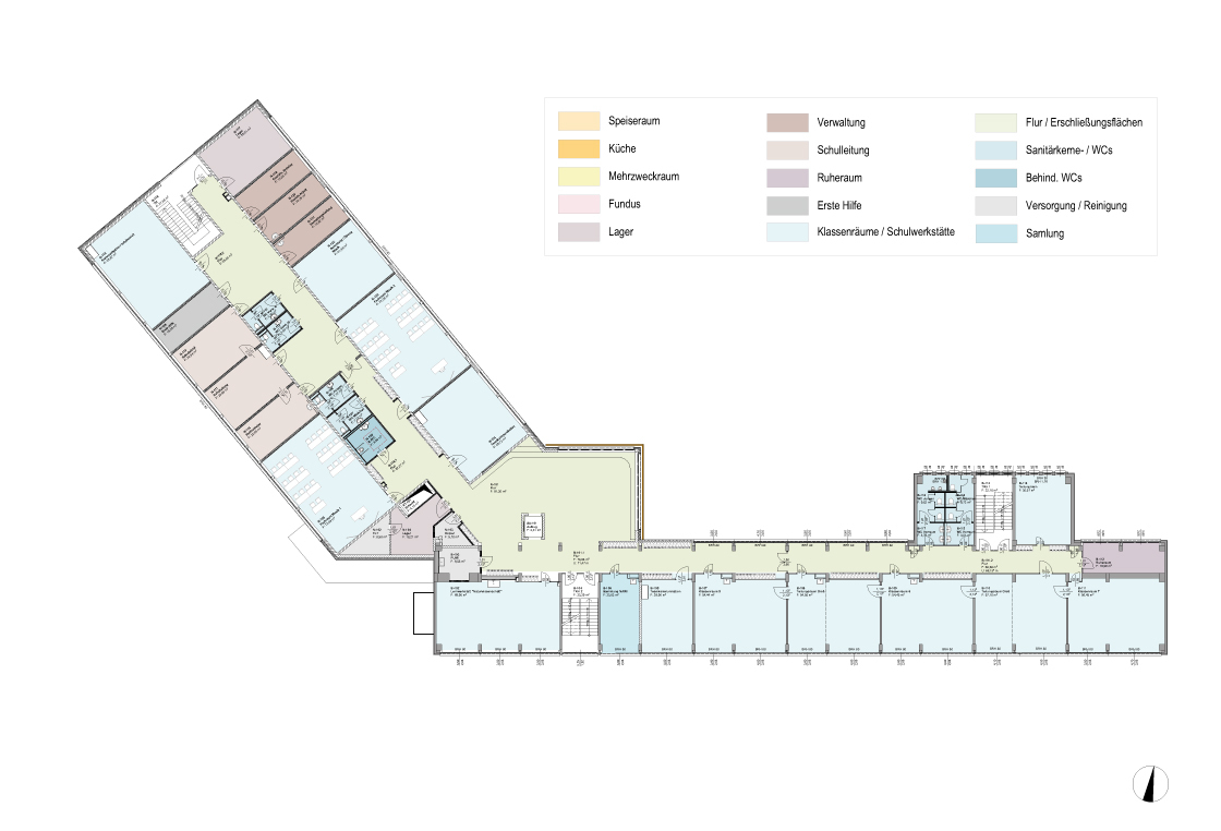 Darstellung: 1. Obergeschoss mit Verwaltung im BT 2 -Ergänzungsbau und Klassenräumen im BT 3 – Bestandsgebäude