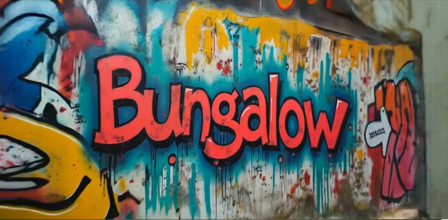 An einer Wand ist in Graffitischrift zu lesen "Bungalow".