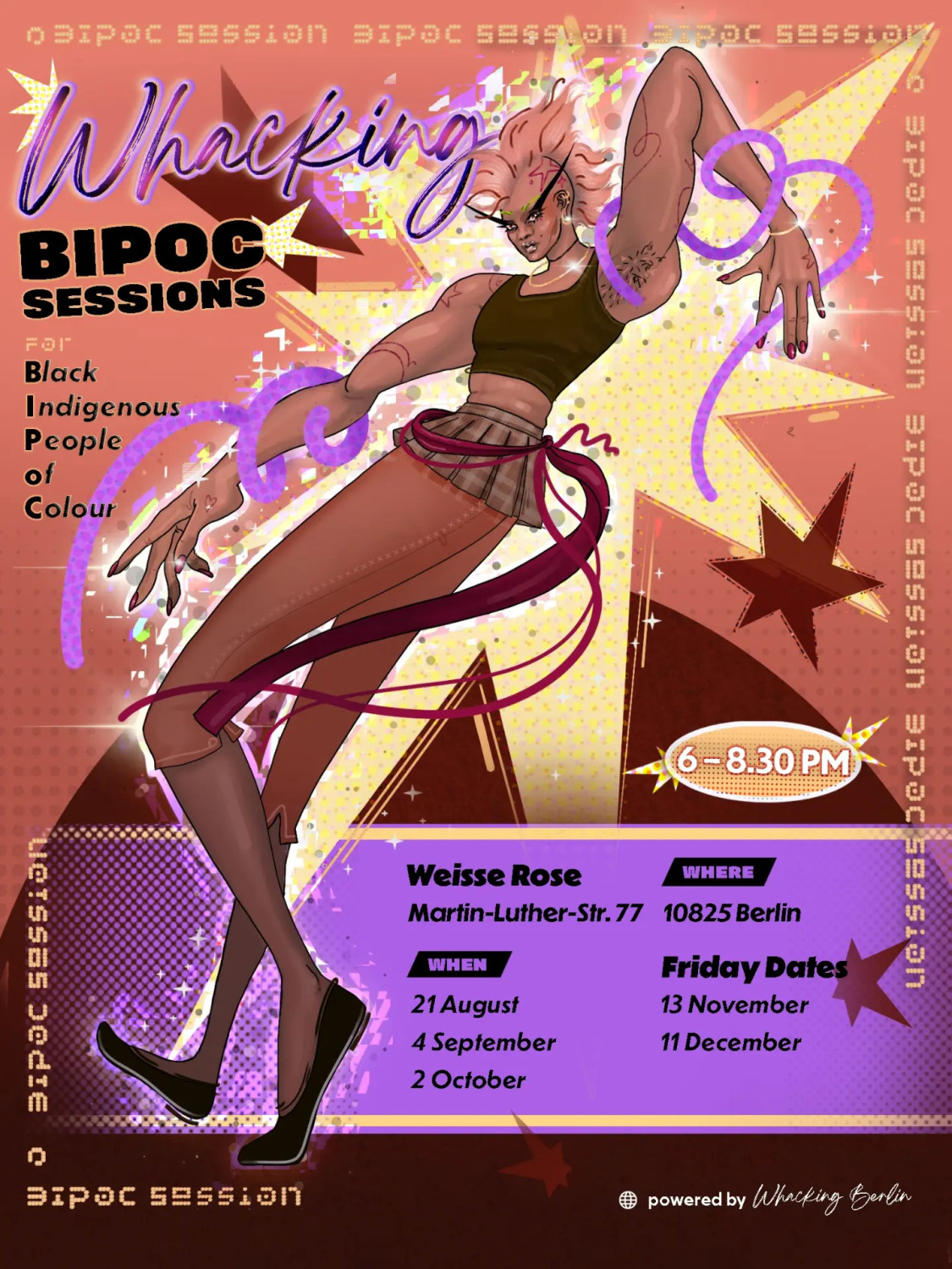 abgebildet ist der flyer für die bipoc whacking sessions - alle infos stehen auch im text