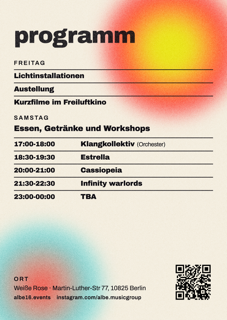 flyer für das Programm, des Albe Festivals - abgebildet ist am Freitag: Lichtinstallationen, Austellung, Kurzfilme im Freiluftkino. Am Samstag gibt es um 17-18: Uhr Klankollektiv, 18:30 bis 19:30 Estrella, 20:00 bis 21:00 Cassiopeia, 21:30 bis 22:30 Infinity warlords und 23:00 bis 0:00 wird der Act noch announced