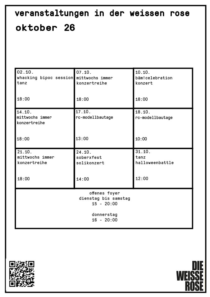 abgebildet ist das monatsprogramm für den oktober 2026 in der weissen rose - alle programmpunkte stehen auch einzeln in Textform unter dem Reiter Programm