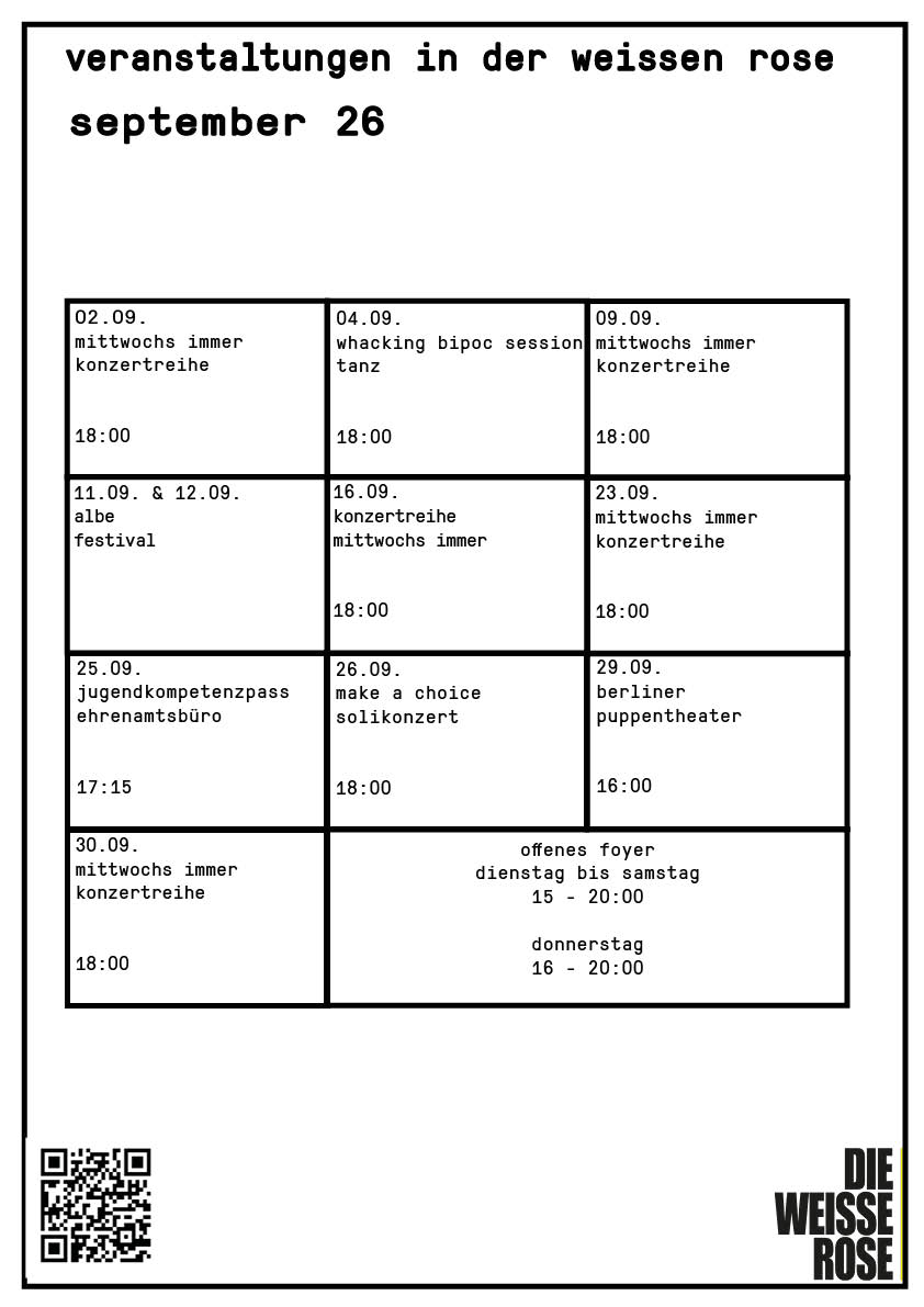 abgebildet ist das monatsprogramm für den september 2026 in der weissen rose - alle programmpunkte stehen auch einzeln in Textform unter dem Reiter Programm