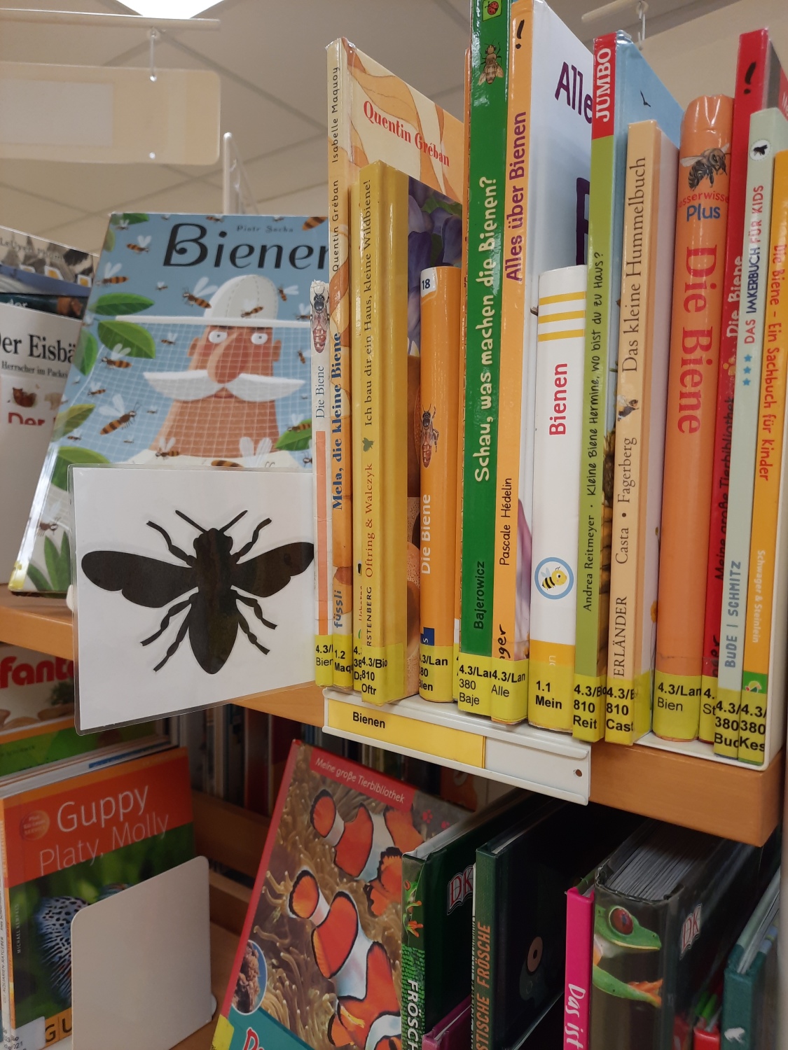 Bücher über Bienen mit einem Schild, auf dem eine Biene stilisiert ist