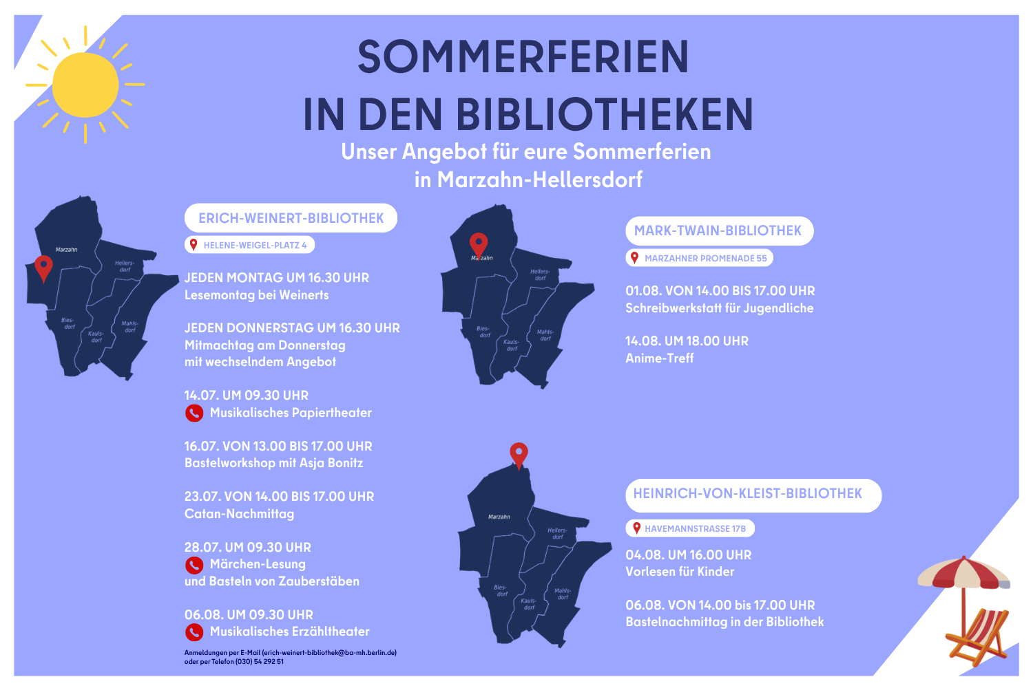Sommerferienangebot der Mark-Twain-Bibliothek, Erich-Weinert-Bibliothek und Heinrich-von-Kleist-Bibliothek